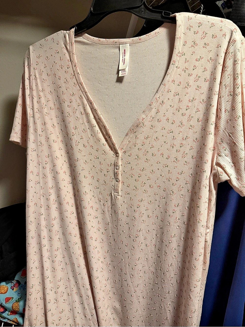 Brand New No Boundaries Floral Ribbed Short Sleeve Nightgown in Pink & White Siz